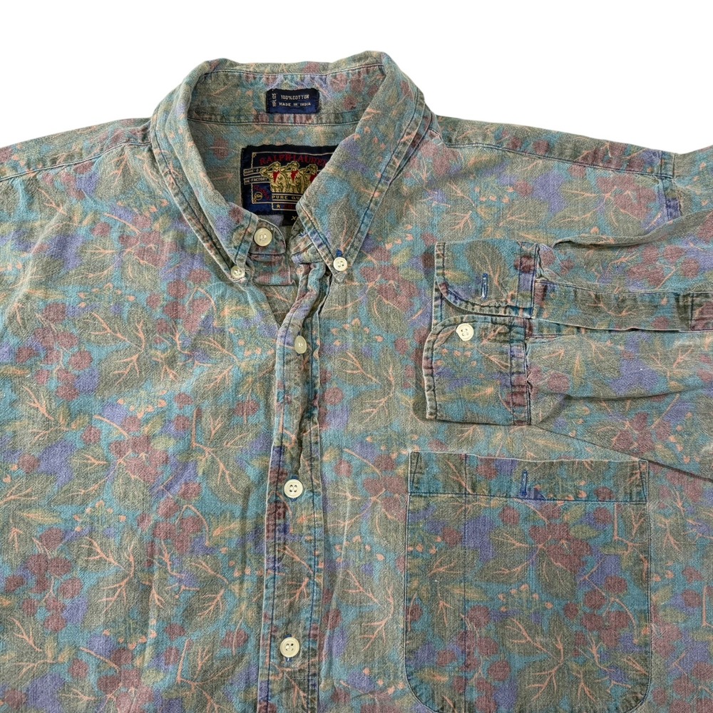 Chaps Ralph Lauren XL Blue Floral Button Down Shirt Long Sleeve Vintage 90s Boho
